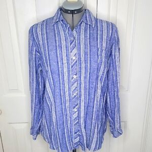 Susan Graver Linen Blend Button Front Shirt Size LP Blue and White Striped